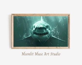 Shark TV Frame Art - Great White Shark Breaking Through Glass, TV Digital Wallpaper