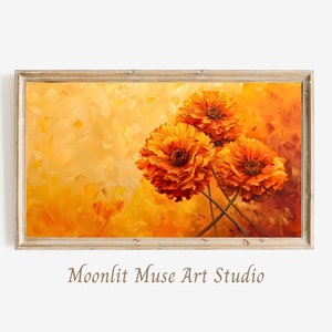 May include: A framed painting of three orange flowers with yellow centers against a yellow and orange background. The painting is in a light wood frame.