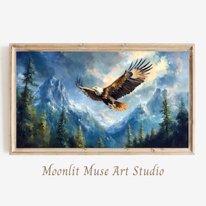 May include: A painting of a bald eagle flying over a mountain range with a cloudy sky in the background. The eagle is brown and white with a yellow beak. The mountains are snow-capped and the sky is a light blue with white clouds.