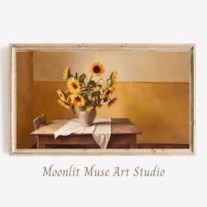 May include: A painting of a still life featuring a vase of sunflowers on a wooden table with a white tablecloth. The sunflowers are yellow and the vase is brown. The background is a yellow wall with a darker yellow stripe.
