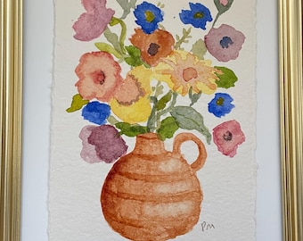original watercolor floral painting on homemade paper yellow
