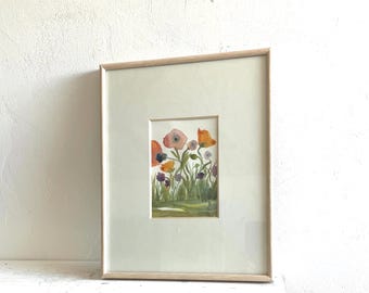 Pintura floral original amapolas campo de amapolas pequeña pintura de flores naranja
