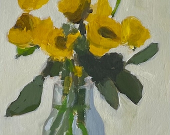 original floral painting yellow flowers acrylic painting yellow art 5x7 pamela munger