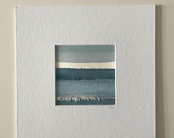 Small original abstract landscape art painting watercolor mixed media blue art denim blue and white matted