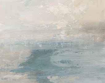 Paisaje abstracto original, cielo, paisaje, agua, aguamarina, colores apagados.