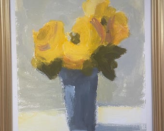 Original acrylic floral Painting blue grey yellow flowers