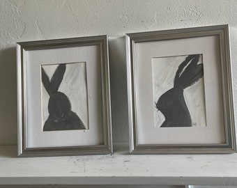 Two original rabbit faces bunny face grey and white bunny silhoutte minimalist painting rabbit sketch pamela munger