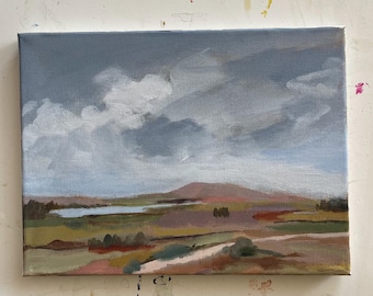 Pintura de paisaje original, paisaje abstracto, cielo gris, multicolor, 9x12, arte de Pamela Munger