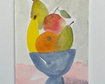 Acuarela original de un frutero en tonos rosa amarillentos. Acuarela suelta.