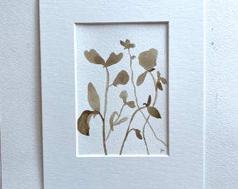 Acuarela original de flores marrones, guisantes de olor, estilo minimalista, suelta, incluye marco