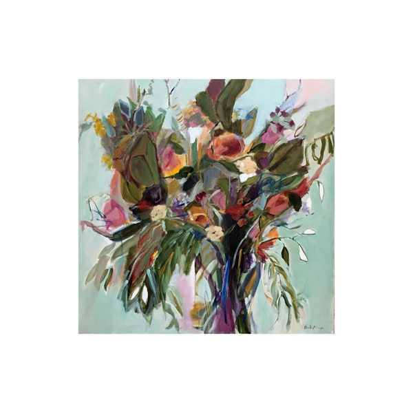 original abstract floral flower painting bouquet wild bouquet art pamela munger 30x30 turquoise green