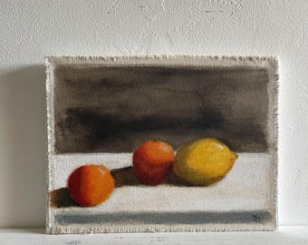 Pintura original de bodegón con limón, naranja y cítricos, lienzo crudo de 23 x 30 cm, Pamela Munger