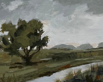 landscape original painting dark green cloud landscape green landscape small landscape 5x7 pamela munger