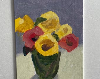 Pintura floral original, pintura acrílica, flores, arte, 5x7, Pamela Munger, color neutro, amarillo, verde