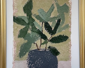 original plant painting on homemade paper green plant minimalism floral abstract
