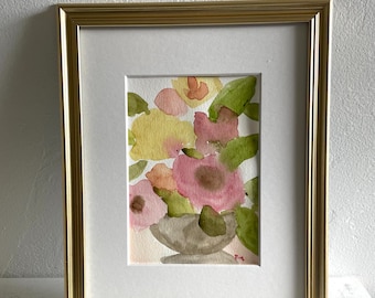 Original Watercolor floral Painting pink and green loose watercolor