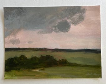 Pintura de paisaje abstracto original de 9x12 sobre papel de arte, nubes grises, melocotón y verde.