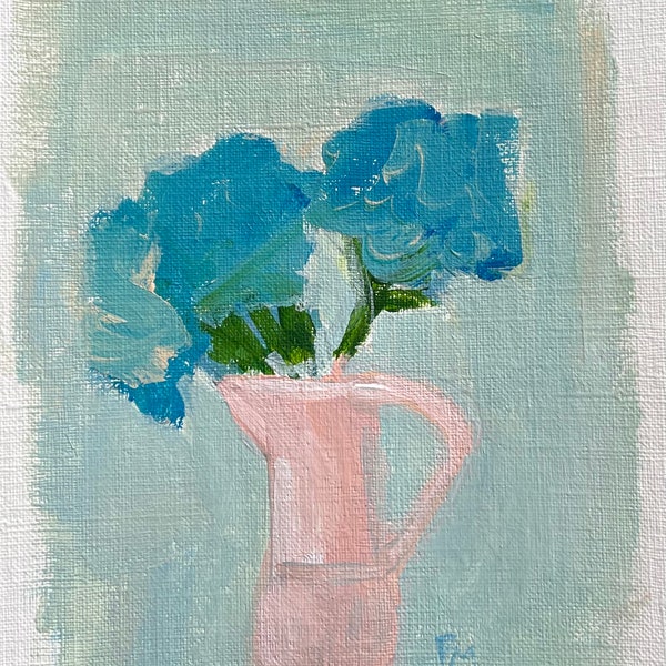 original flower  painting 5x7 acrylic painting yellow art boho art Target frame aqua blue pink vase