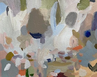 Pintura abstracta original de 9x12 pulgadas sobre papel artístico multicolor rosa y blanco.