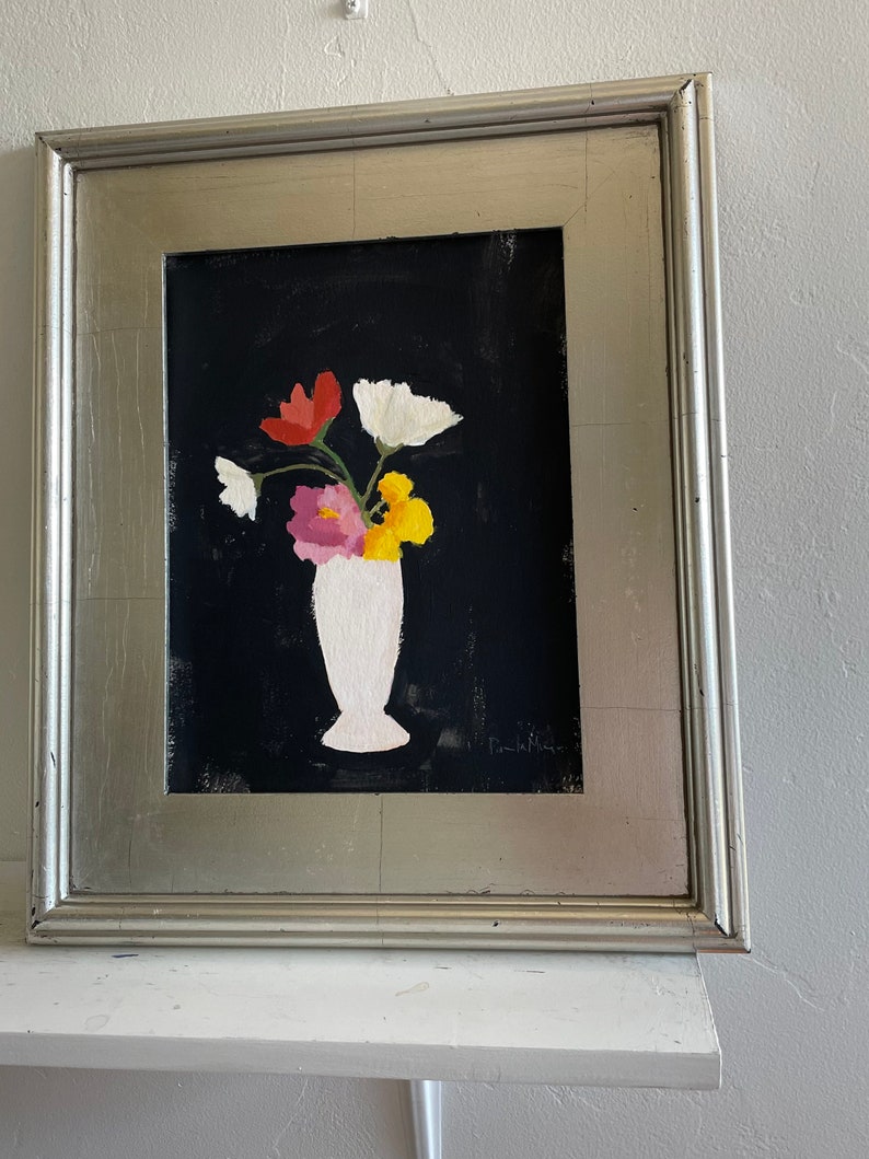 Flowers in vase painting Black and white acrylic painting on paper wall art home decor original art image 3