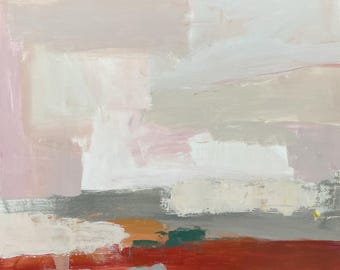 Paisaje abstracto original, cielo, paisaje rosado, rojo quemado, gris.