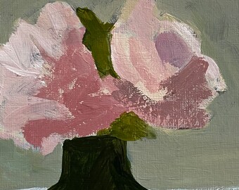 original flower  painting 5x7 acrylic painting pink and green art boho art dark green