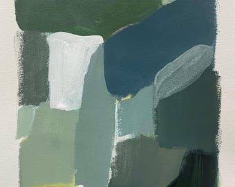 Pintura abstracta original de 9x12 pulgadas sobre papel artístico azul verde jade.