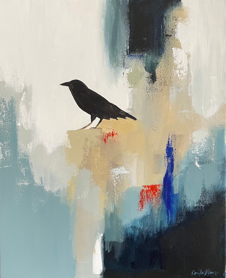 original abstract painting raven painting blue art 16x20 pamela munger image 1