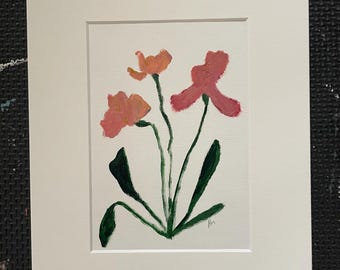 Pintura al óleo original de arte floral que incluye tapete.