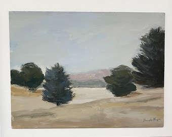 original landscape painting green landscape sky neutral colored 9x12” art  pamela munger