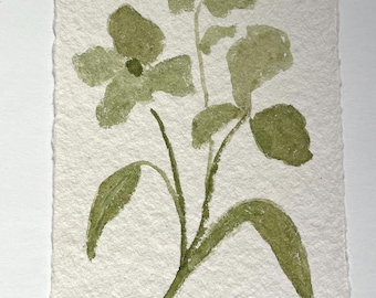 original watercolor floral painting on homemade paper green plant minimalism floral