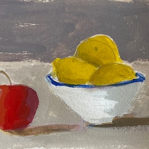 original lemon painting lemons in bowl yellow and white apple and lemon still life image 1