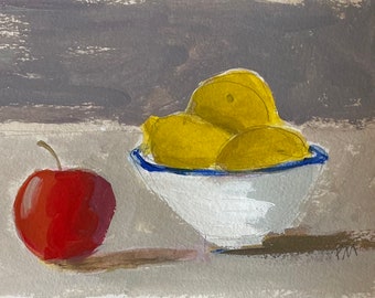 original lemon painting lemons in bowl yellow and white apple and lemon still life