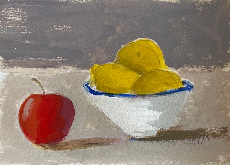 original lemon painting lemons in bowl yellow and white apple and lemon still life image 1