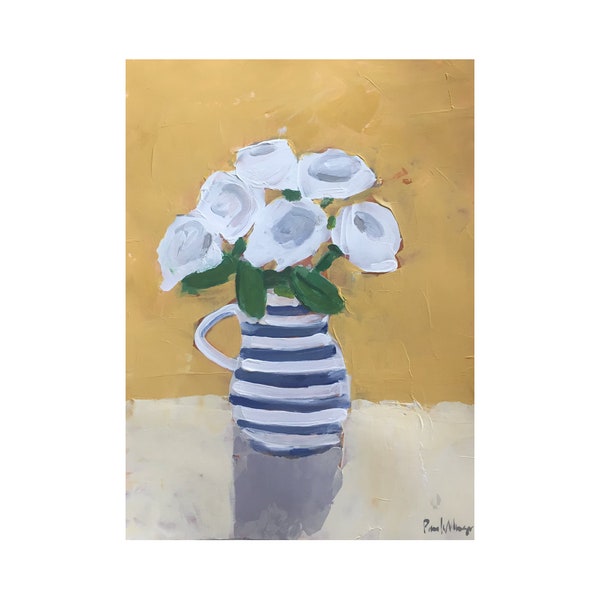 white floral painting acrylic painting on paper flower painting blue and white striped gold original art