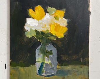 Pintura floral original, flores amarillas y blancas, arte floral 8x10”, arte oscuro, melancólico, negro, Pamela Munger