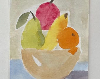 Acuarela original de un frutero en tonos rosa amarillentos. Acuarela suelta.