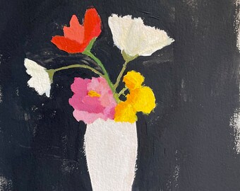 Flowers in vase painting Black and white acrylic painting on paper wall art home decor original art