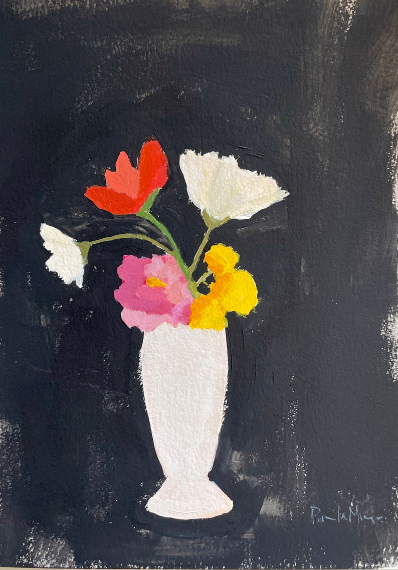 Flowers in vase painting Black and white acrylic painting on paper wall art home decor original art image 1