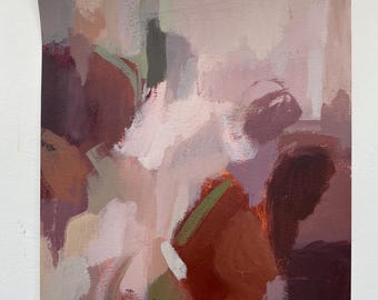 Pintura abstracta original de 9 x 12 pulgadas sobre papel artístico, tonos siena tostado, lavanda, verde y oscuro.