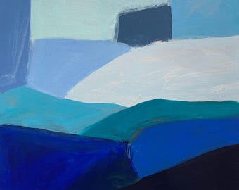 Pintura abstracta azul original, pintura de paisaje abstracto, colores azul marino, turquesa y cobalto.