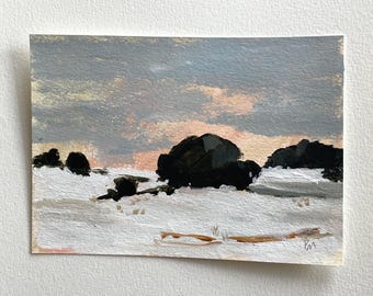 Pintura original de paisaje nevado y paisaje al atardecer