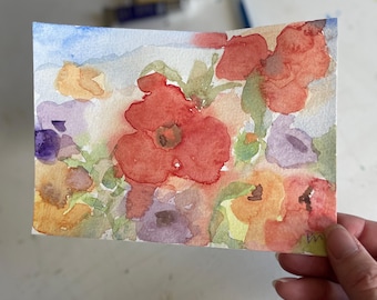 Original Watercolor floral Painting orange red and green loose watercolor