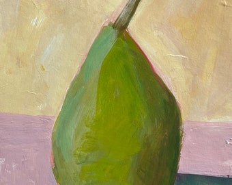 original pear painting green pear pink still life painting 5x7