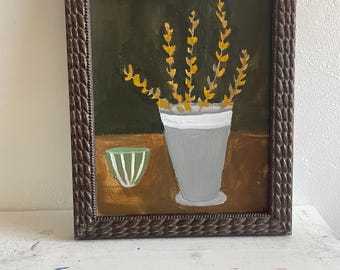 Pequeño bodegón floral: tallos amarillos en un jarrón, arte oscuro y melancólico