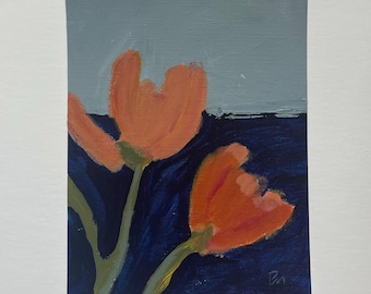 Original  Tulip floral Painting peach  and blue indigo tulips