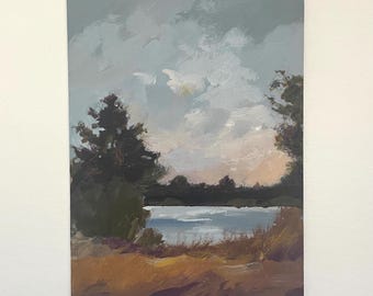 Pintura original de paisaje, paisaje verde, pequeño paisaje acuático, 5x7, Pamela Munger