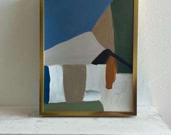 Pintura abstracta original de 9x12 pulgadas sobre papel artístico en colores neutros: azul, verde y marrón.