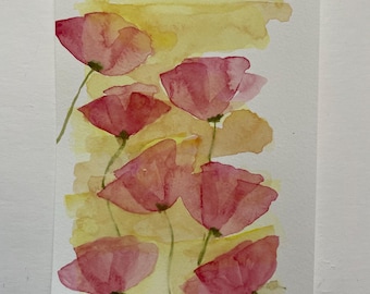original floral painting poppies poppy field small flower painting red and yellow