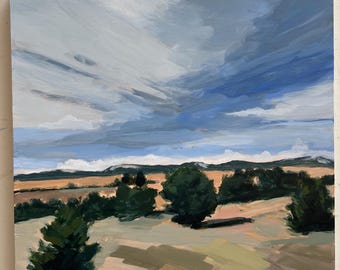 Pintura abstracta original de paisaje del desierto de Colorado, cielo azul cálido